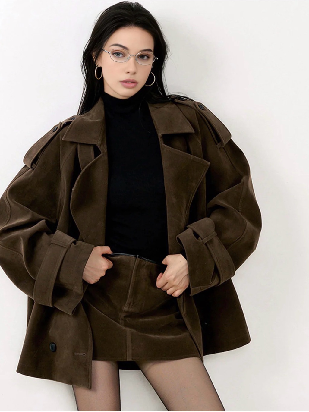 Oversized Dark Brown Faux Suede Trench Jacket